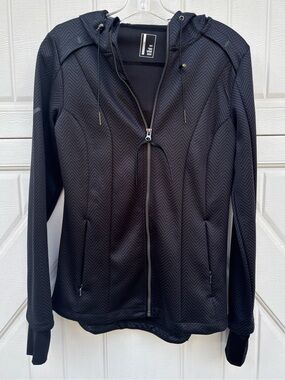Mondetta Black Herringbone Hooded Active Jacket Women’s Small Thumbholes